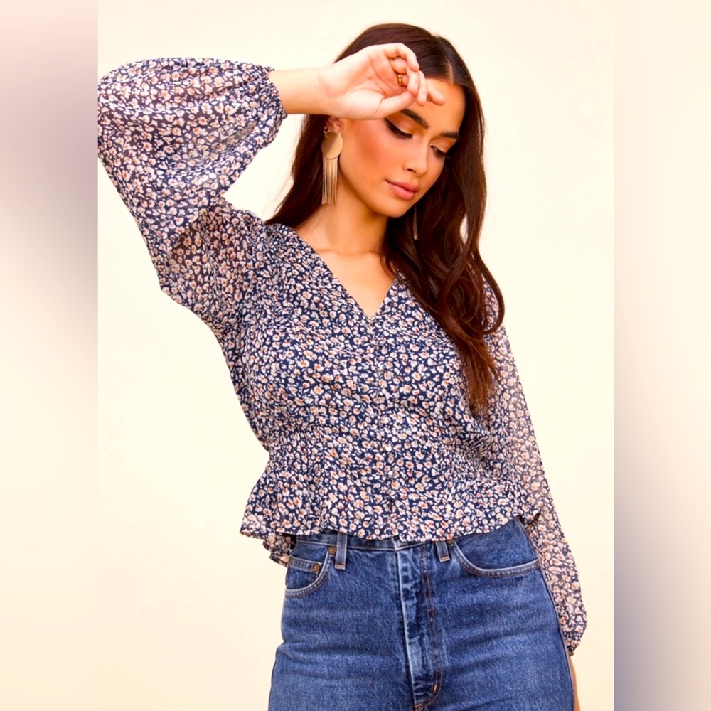 Astr The Label | Navy Floral | Peplum | Buttons with Puff Sleeve | Size Small